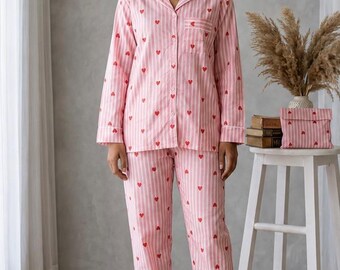 Conjunto de pijama de algodão com estampa de coração rosa | Pijama de manga comprida com botões, conjunto aconchegante para relaxar