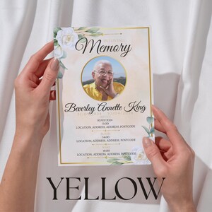 May include: A rectangular funeral programme card featuring a circular portrait of a person in a yellow shirt. The text reads In Loving Memory, Beverley Annette King, and includes placeholders for dates, service, burial, and wake details with floral accents.