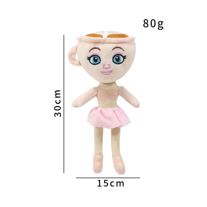 K&ouml;nnte beinhalten: Pl&uuml;schpuppe in Form einer Teetasse mit Gesicht, mit rosa Tutu und Ballettschuhen. Die Puppe ist 30 cm hoch und 15 cm breit und wiegt 80 g. Der Text "80g" ist sichtbar.