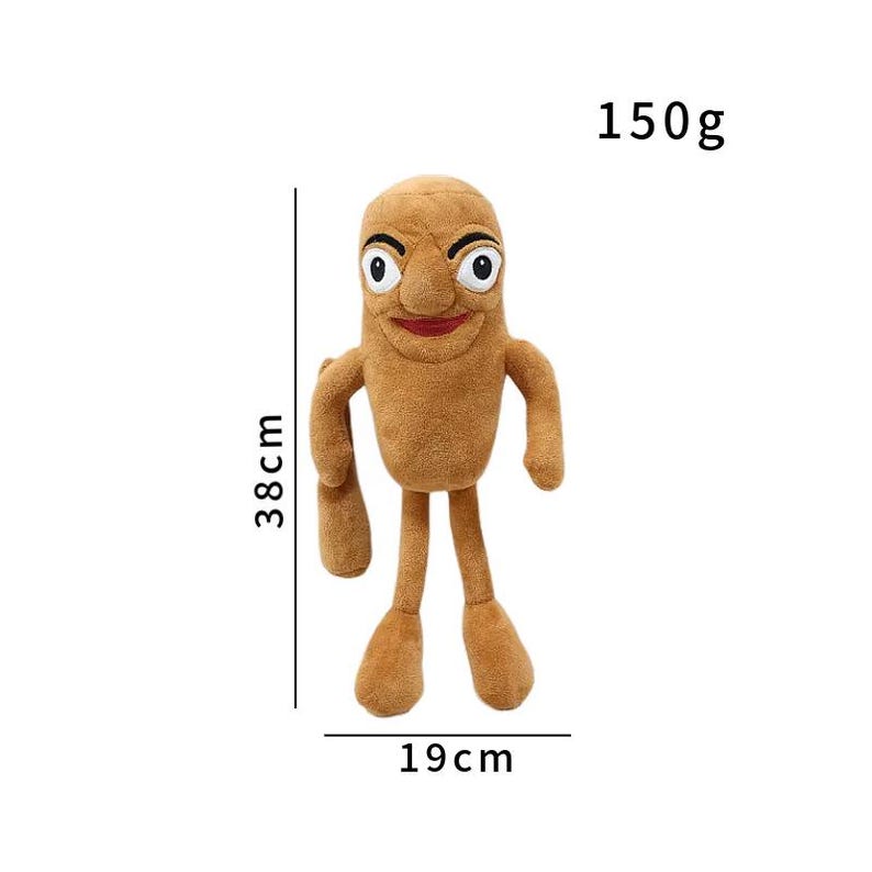 K&ouml;nnte beinhalten: Ein braunes Pl&uuml;schtier in Form einer Zeichentrickfigur mit einem l&auml;chelnden Gesicht. Das Spielzeug ist 38 cm hoch und 19 cm breit und wiegt 150 g. Es hat Arme und Beine und besteht aus weichem Material.