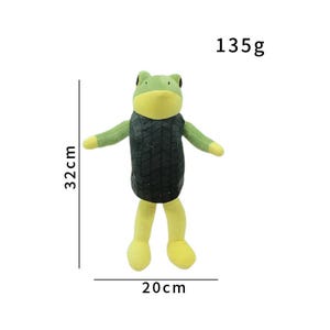K&ouml;nnte beinhalten: Ein gr&uuml;nes und gelbes Pl&uuml;schfrosch-Spielzeug, 32 cm hoch und 20 cm breit, mit einer schwarzen Weste. Das Spielzeug wiegt 135g. Der Frosch hat ausgestreckte Arme und Beine.