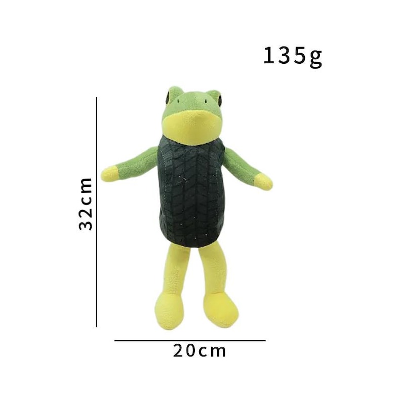 K&ouml;nnte beinhalten: Ein gr&uuml;nes und gelbes Pl&uuml;schfrosch-Spielzeug, 32 cm hoch und 20 cm breit, mit einer schwarzen Weste. Das Spielzeug wiegt 135g. Der Frosch hat ausgestreckte Arme und Beine.