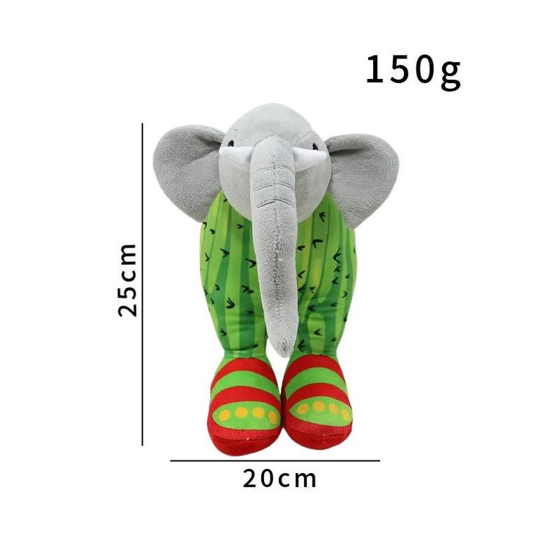 K&ouml;nnte beinhalten: Ein Pl&uuml;sch-Elefanten-Spielzeug, 25 cm hoch und 20 cm breit, mit einem gr&uuml;nen K&ouml;rper mit Kaktusmuster und rot-gelb gestreiften F&uuml;&szlig;en. Der Elefant hat graue Ohren, einen R&uuml;ssel und wiegt 150g.