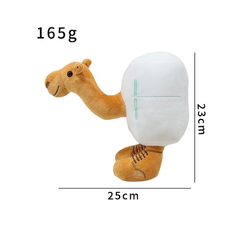 K&ouml;nnte beinhalten: Ein Pl&uuml;schkamel mit hellbraunem Kopf und Beinen und einem wei&szlig;en K&ouml;rper. Das Spielzeug ist 23 cm hoch und 25 cm breit. Das Spielzeug wiegt 165 Gramm. Der Text "165g" befindet sich &uuml;ber dem Kamel.