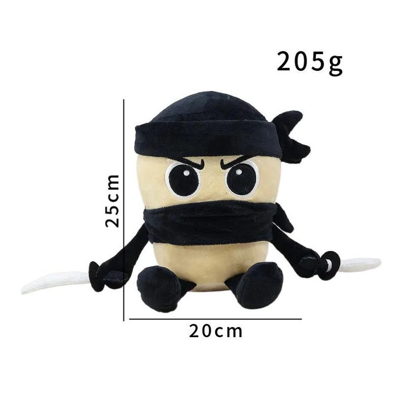 K&ouml;nnte beinhalten: Ein Ninja-Pl&uuml;schtier mit beigem K&ouml;rper, schwarzer Ninja-Kleidung und wei&szlig;en Klingen. Das Spielzeug ist 25 cm hoch und 20 cm breit und wiegt 205 g. Es hat gro&szlig;e, ausdrucksstarke Augen.