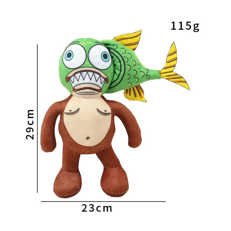 K&ouml;nnte beinhalten: Ein Pl&uuml;schtier mit einem gr&uuml;nen Fischkopf und einem braunen K&ouml;rper. Das Spielzeug ist 29 cm hoch und 23 cm breit, mit einem Gewicht von 115g. Der Fischkopf hat gro&szlig;e wei&szlig;e Z&auml;hne und gro&szlig;e blaue Augen. Die Fischschwanz ist gelb und gr&uuml;n.