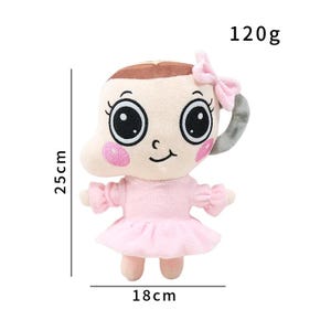 K&ouml;nnte beinhalten: Pl&uuml;schpuppe in Form eines l&auml;chelnden Gesichts mit gro&szlig;en Augen, einer rosa Schleife und einem rosa Kleid. Die Puppe ist 25 cm hoch und 18 cm breit und wiegt 120g.