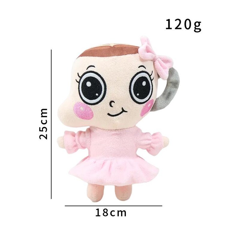 K&ouml;nnte beinhalten: Pl&uuml;schpuppe in Form eines l&auml;chelnden Gesichts mit gro&szlig;en Augen, einer rosa Schleife und einem rosa Kleid. Die Puppe ist 25 cm hoch und 18 cm breit und wiegt 120g.