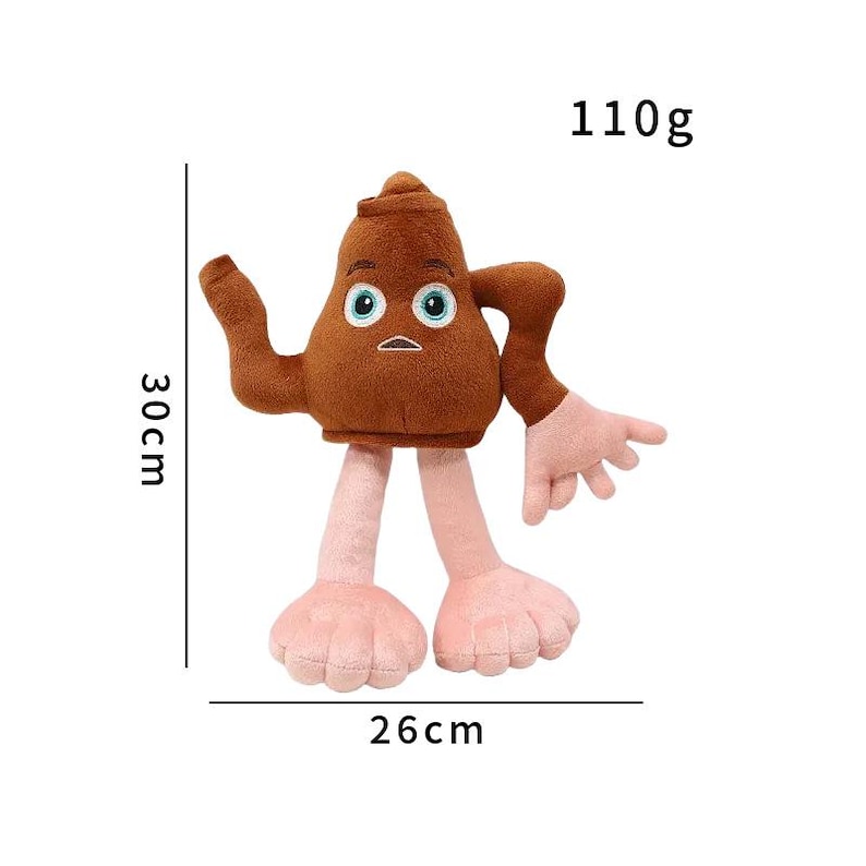 K&ouml;nnte beinhalten: Ein braunes Pl&uuml;schtier in Form eines Cartoon-Kackhaufens mit blauen Augen, einem kleinen Mund sowie Armen und Beinen. Das Spielzeug ist 30 cm hoch, 26 cm breit und wiegt 110 g.