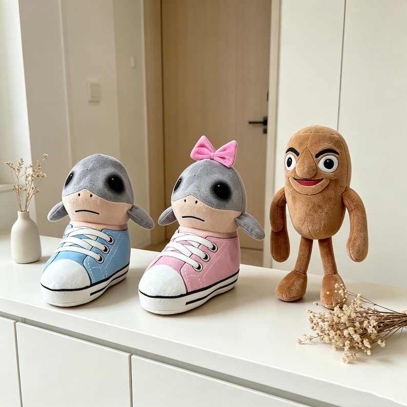 K&ouml;nnte beinhalten: Drei Pl&uuml;schtiere: zwei delfinartige Kreaturen, die Turnschuhe tragen, eine blaue und eine rosa, und ein brauner, erdnussf&ouml;rmiger Charakter. Die Delfin-Spielzeuge haben graue K&ouml;pfe und gro&szlig;e schwarze Augen. Eines hat eine rosa Schleife. Der Erdnuss-Charakter hat ein l&auml;chelndes Gesicht.
