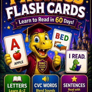 May include: Phonics Flash Cards educational set featuring a yellow dinosaur mascot in a graduation cap. The text reads PHONICS FLASH CARDS, Learn to Read in 60 Days!, DINO READERS ACADEMY, LETTERS Learn A-Z, CVC WORDS Blend Sounds, SENTENCES Read with Confidence, 69 PAGES INCLUDED!