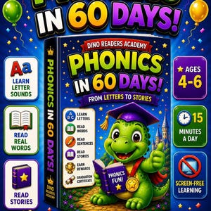 May include: A Phonics in 60 Days educational book set featuring a green dinosaur character wearing a graduation cap and holding a book titled Phonics Fun. The cover includes text about the Dino Readers Academy program, age range 4-6, and icons.