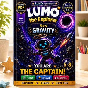 Peut inclure: Un livre d'activités rectangulaire intitulé Lumo the Explorer New Gravity. La couverture présente une illustration sur le thème de l'espace avec un robot aux yeux en forme d'étoile, entouré d'astéroïdes et d'une fusée. Le texte inclut You Are The Captain, Ages 5-8, Mazes, Puzzles, Games, Explore, Learn, Have Fun.