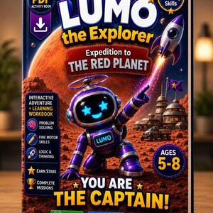 May include: A colorful book cover for "LUMO the Explorer: Expedition to The Red Planet." Features a purple robot, a rocket ship, and the text "You Are The Captain!" Includes mazes, puzzles, and games for ages 5-8.