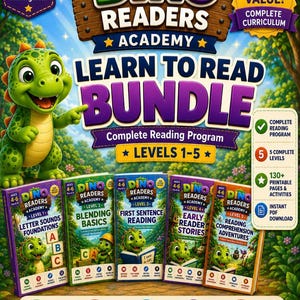 May include: A Dino Readers Academy learn to read bundle for ages 4-6, featuring five colorful books labeled levels 1-5. The cover displays a green cartoon dinosaur, the text Learn to Read Bundle, and icons for phonics, CVC words, and reading comprehension.