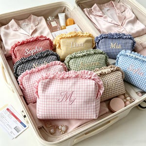 Custom Embroidered Name Gingham Makeup Bag: Ruffle Frill Plaid Cosmetic Pouch Personalized Travel Toiletry Bag Gift image 6