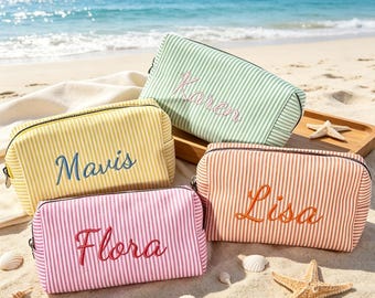 Personalized Embroidered Name Beach Bag: Soft Stripe Summer Travel Cosmetic Pouch Custom Bridesmaid Bachelorette Party Gift
