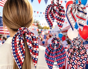 4th of July Patriotic Hair Scarf Scrunchie: USA Star Striped Print Bow Hair Tie Memorial Day Party Ponytail Holder Choose Any Two Designs