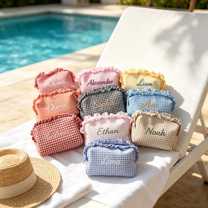 Custom Embroidered Name Gingham Makeup Bag: Ruffle Frill Plaid Cosmetic Pouch Personalized Travel Toiletry Bag Gift image 3