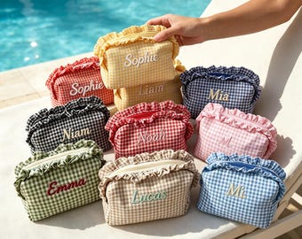 Custom Embroidered Name Gingham Makeup Bag: Ruffle Frill Plaid Cosmetic Pouch Personalized Travel Toiletry Bag Gift