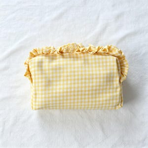 Custom Embroidered Name Gingham Makeup Bag: Ruffle Frill Plaid Cosmetic Pouch Personalized Travel Toiletry Bag Gift Yellow