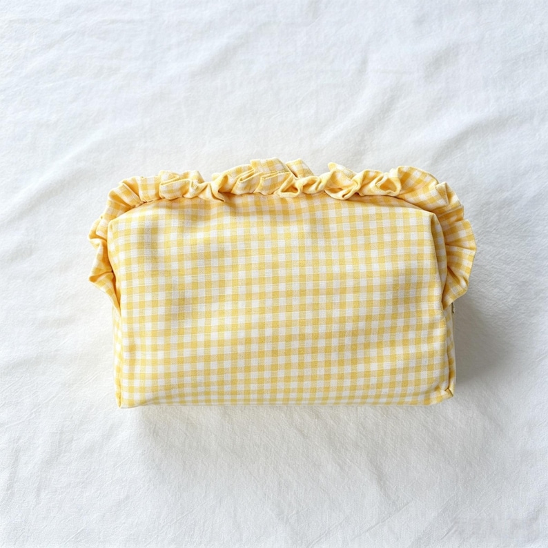 Custom Embroidered Name Gingham Makeup Bag: Ruffle Frill Plaid Cosmetic Pouch Personalized Travel Toiletry Bag Gift Yellow