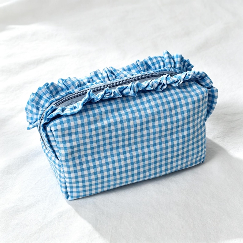 Custom Embroidered Name Gingham Makeup Bag: Ruffle Frill Plaid Cosmetic Pouch Personalized Travel Toiletry Bag Gift Cyan checkered
