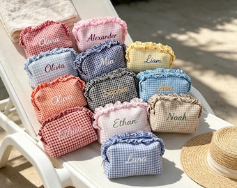 Personalized Embroidered Name Ruffle Gingham Makeup Bag: Custom Plaid Frill Cosmetic Travel Toiletry Pouch for Vacation Bridesmaid Gift