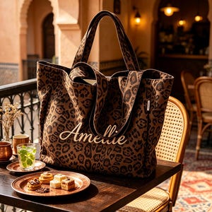 May include: A large tote bag featuring a brown and black leopard print pattern. The name Amellie is embroidered in white cursive script across the front center. The bag has two sturdy shoulder straps and a rectangular base structure.