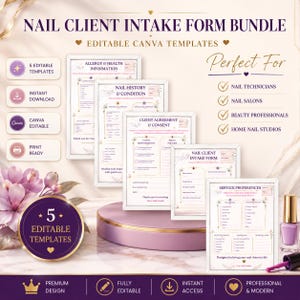 May include: A nail client intake form bundle featuring five editable Canva templates. The documents include allergy and health information, nail history, client agreement, and service preferences. The design uses a soft color palette with floral accents, gold text, and icons. A bottle of light purple nail polish sits nearby.