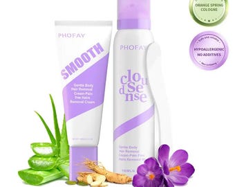 Set de crema y spray depilatorio Phofay para piel sensible en la zona del bikini.