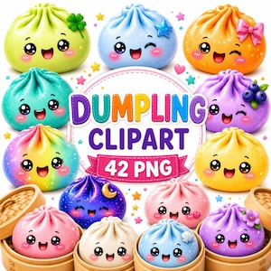 May include: A collection of colorful, cartoon-style dumpling illustrations with smiling faces, including green, blue, orange, purple, yellow, pink, and rainbow designs, surrounding the text DUMPLING CLIPART 42 PNG with small stars.
