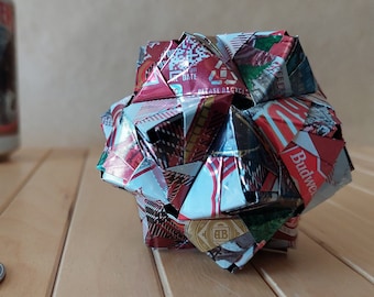 Recycled Can Art Origami, hand-folded from Budweiser Christmas 2021 Cans // Geometric Decor // Hanging Ornament // Original Upcycled Art