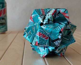 Recycled Can Art Origami, hand-folded from Mountain Dew BAHA BLAST Cans // Taco Bell // Geometric Decor // Hanging Ornament // Upcycled Gift