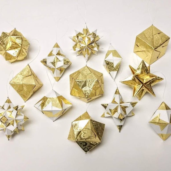 Origami Ornaments // Christmas Ornaments // 13 Piece Set // Holiday Decor // Modern // Gold Foil Gift Wrap // Classic // Traditional // Star
