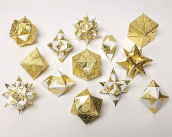 Origami Ornaments // Christmas Ornaments // 13 Piece Set // Holiday Decor // Modern // Gold Foil Gift Wrap // Classic // Traditional // Star