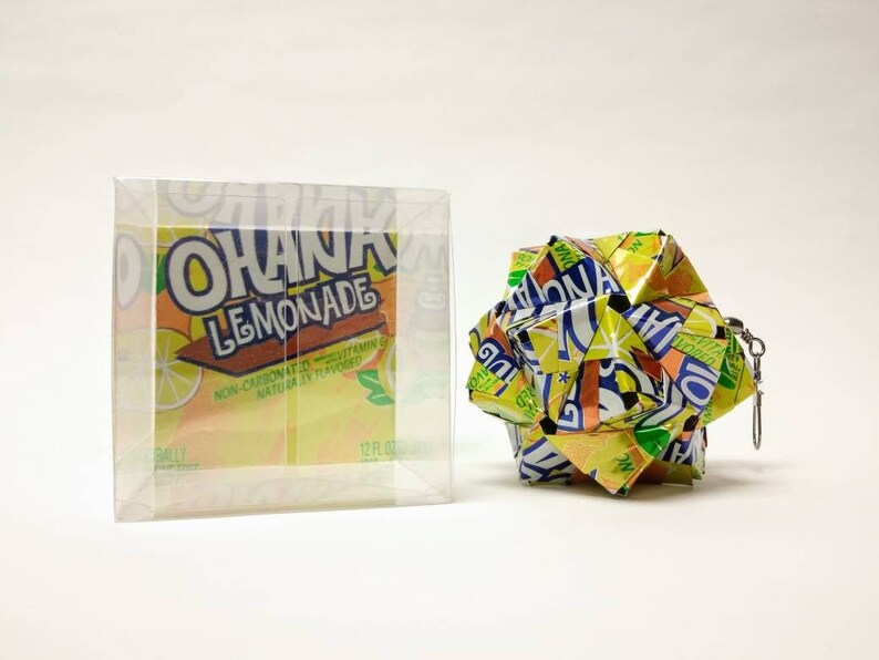 Eco-friendly Christmas Ornament // OHANA LEMONADE Can Art Origami // Upcycled Recycled Repurposed // Heavy Duty // 3 Inches // FIZZ image 1