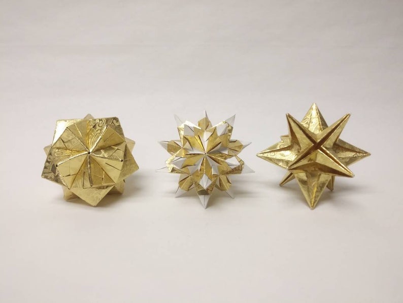 Origami ornamenten//kerst ornamenten//vakantie decor//modern//goudfolie cadeauverpakking//klassiek//traditioneel//sterren//wetenschap Set of 3