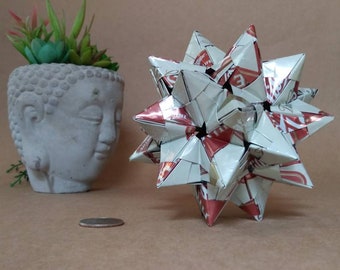 Recycled MILLER HIGH LIFE Aluminum Origami // Can Art // 60 Unit Sonobe Kusudama // Statement Piece // Upcycled Recycled Repurposed