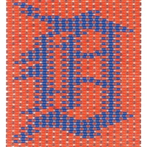 May include: A red and blue patterned design with a repeating pattern of circles and stripes. The circles have the word "Prohibit" written inside them.