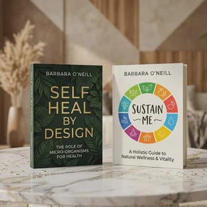 Puede incluir: Dos libros de tapa dura sobre una mesa de mármol. El libro de la izquierda se titula "Self Heal by Design" con hojas verdes y letras doradas. El libro de la derecha se titula "Sustain Me" con un diseño circular colorido. Ambos libros son de Barbara O'Neill.