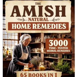 May include: The Amish Natural Home Remedies book cover. The cover features the title in large brown letters, with the author's name at the top. The image shows a woman in traditional Amish clothing working with herbs and candles.