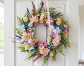 Pastel Spring Floral Wreath Front Door Decor Wildflower Wreath Summer Farmhouse Wall Hanging Cottagecore Decor