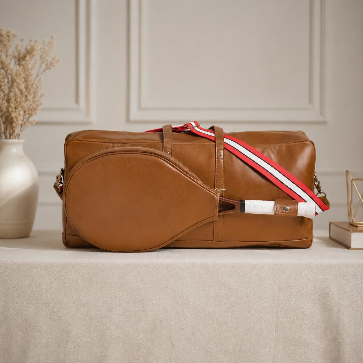 Handmade Leather Tennis Bag with Racket Cover, Tan Racquet Duffle, Luxury Sports Travel Bag, Tennis Player Gift