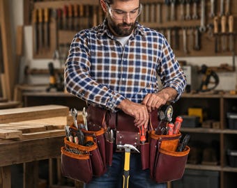 サスペンダーループ付きレザー製大工用ツールベルト｜頑丈な作業用エプロン
