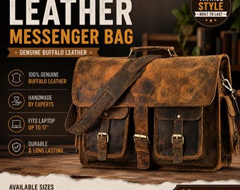 Borsa a tracolla vintage in pelle da uomo, custodia per laptop in pelle di bufalo fatta a mano.