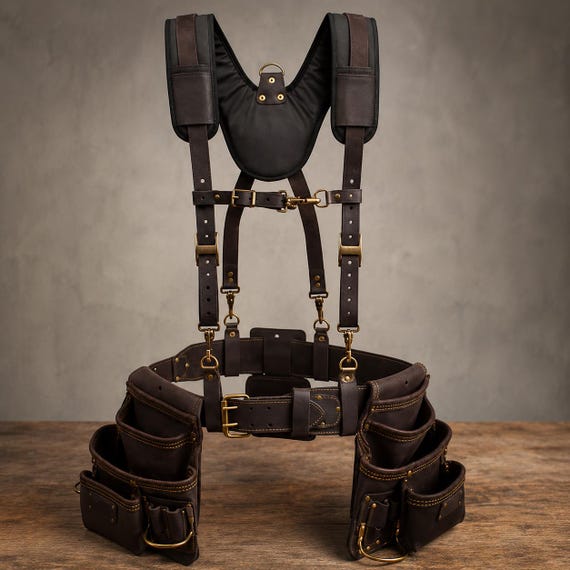 Genuine Leather Tool Belt with Suspenders, Carpenter Electrician Work Rig, Heavy Duty Harness Organizer