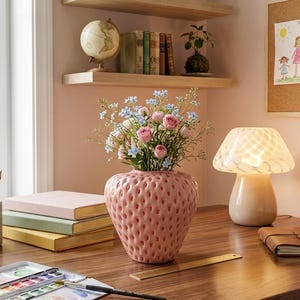 Strawberry Ceramic Vase, Whimsical Fruit Flower Pot, Kids Room Decor Accent