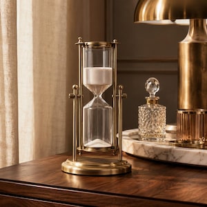 May include: A gold-colored hourglass with clear glass chambers and white sand. The hourglass is supported by a decorative stand. The image also shows a decorative perfume bottle and a gold-colored lamp.