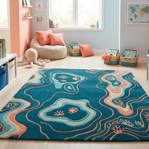 Hand Tufted Ocean Rug, Blue Abstract Coastal Area Rug, Kids Room Decor, Underwater Sea Coral Design, Modern Nursery Rug, Rectangle